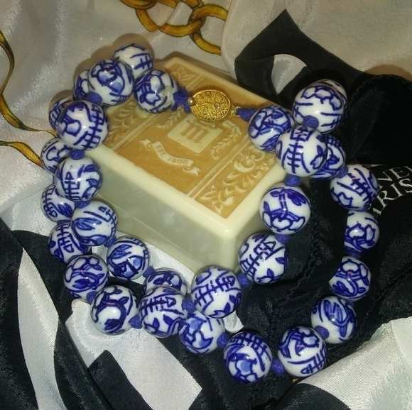 Antique Jewelry - ANTIQUE chinese blue pottery bead necklace